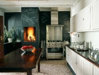 Modern kitchen with fireplace and blackboard walls