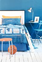 View of blue bedroom with bed and ball on floor