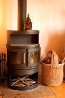 Wood burning stove and basket with logs