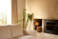 Contemporary fireplace and sofa