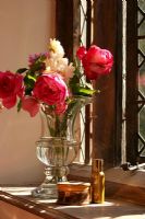 Pink Roses in glass vase on windowsill