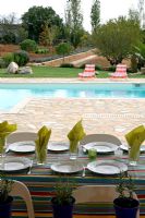 Dining table outside by swimming pool 