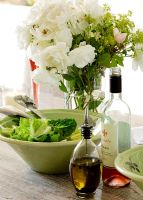 Flowers and food on dining table
