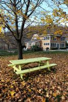 Picnic table amongst autumn leaves 