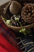 Basket of pine cones and mistletoe detail 