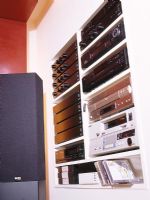 Music and stereo equipment on shelves 