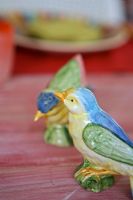 Colourful ceramic bird ornaments, detail