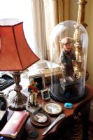 Desk with display of collectibles, detail