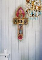 Colourful wall hanging and chandelier, detail