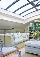 Modern living room with curved glass roof 