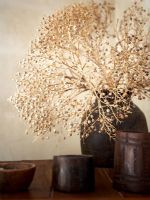Wooden vase of dried flowers, detail