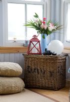 Flowers on basket in country living room