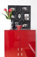 Red glossy cabinet with flower arrangement and photo display
