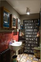 Bathroom with reclaimed signage