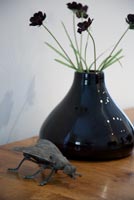 Fly ornament and Cosmos in black vase