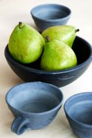 Pears and grey crockery