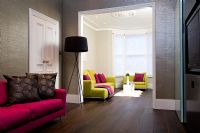Contemporary living room with dark wood floor
