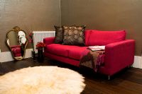 Contemporary sofa and furry rug