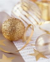 Christmas baubles and wrapping paper