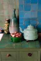 Detail of vintage kettle on kitchen unit 