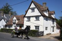 Man on pony and trap outside country house