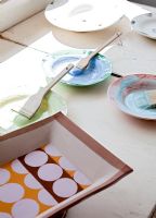 Paints and accessories in artists workshop 