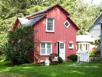 Exterior of red wooden country cottage 