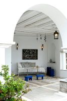Outdoor living area under covered terrace 