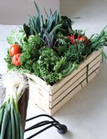 Wooden crate of vegetables on kitchen floor 