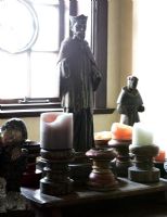 Collection of wooden candle sticks and figures
