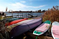Canoes and surfboards at waters edge 
