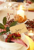 Place name on decorated Christmas dining table