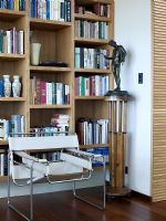 Designer chair in front of wooden bookcases