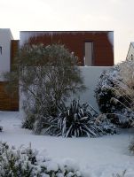 Exterior of contemporary house in the snow 