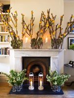 Display of flowers and plants around fireplace