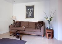 Chocolate Labrador sitting next to brown sofa