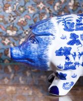 Blue and white patterned piggy bank