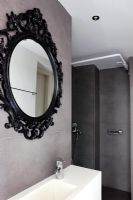 Rectangular bathroom sink and ornate black mirror