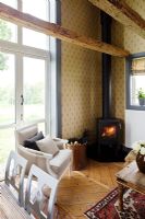 Country living room with wood burning stove