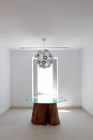 Glass topped table with tree trunk base