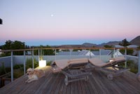 Terrace with view of mountains at sunset, South Africa