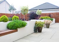 Modern paved garden with raised beds
