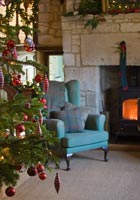 Cotswold stone fireplace at Christmas
