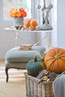 Autumnal display of Pumpkins in log basket