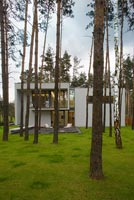 Contemporary white home and woodland garden