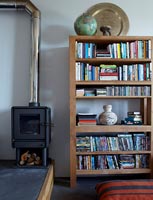 Wood burning stove and wooden bookshelves