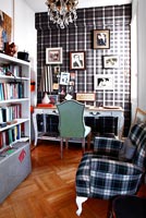 Vintage study with tartan wallpaper