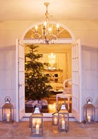View through french doors to to living room with christmas tree