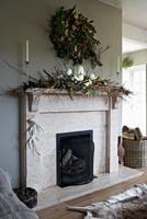 Stone fireplace decorated for christmas