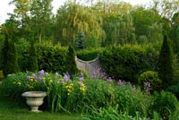 Colourful borders with Irises in country garden